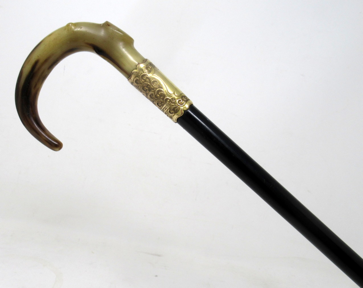 094. Antique Vintage Ladies Gentleman's Walking Stick Gold Plated Cow Horn Handle - Image 2