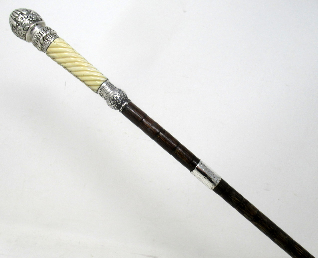 498. Antique Gentlemans Sword Walking Stick Cane Sterling Silver Partridge Wood 1891