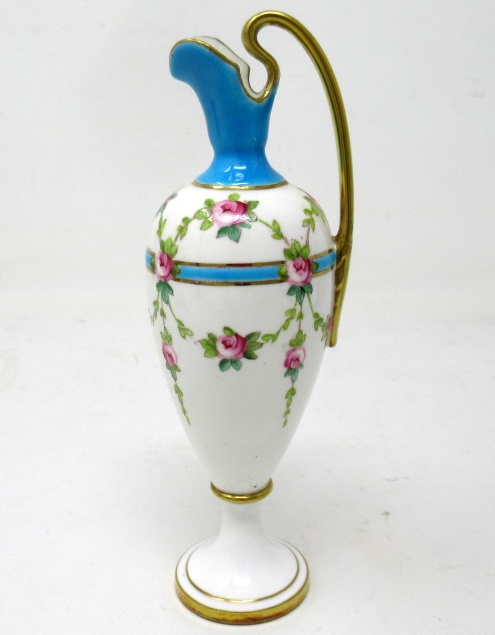 479. Antique Minton Staffordshire Porcelain Ewer Urn Vase Centerpiece Roses Turquoise - Image 8