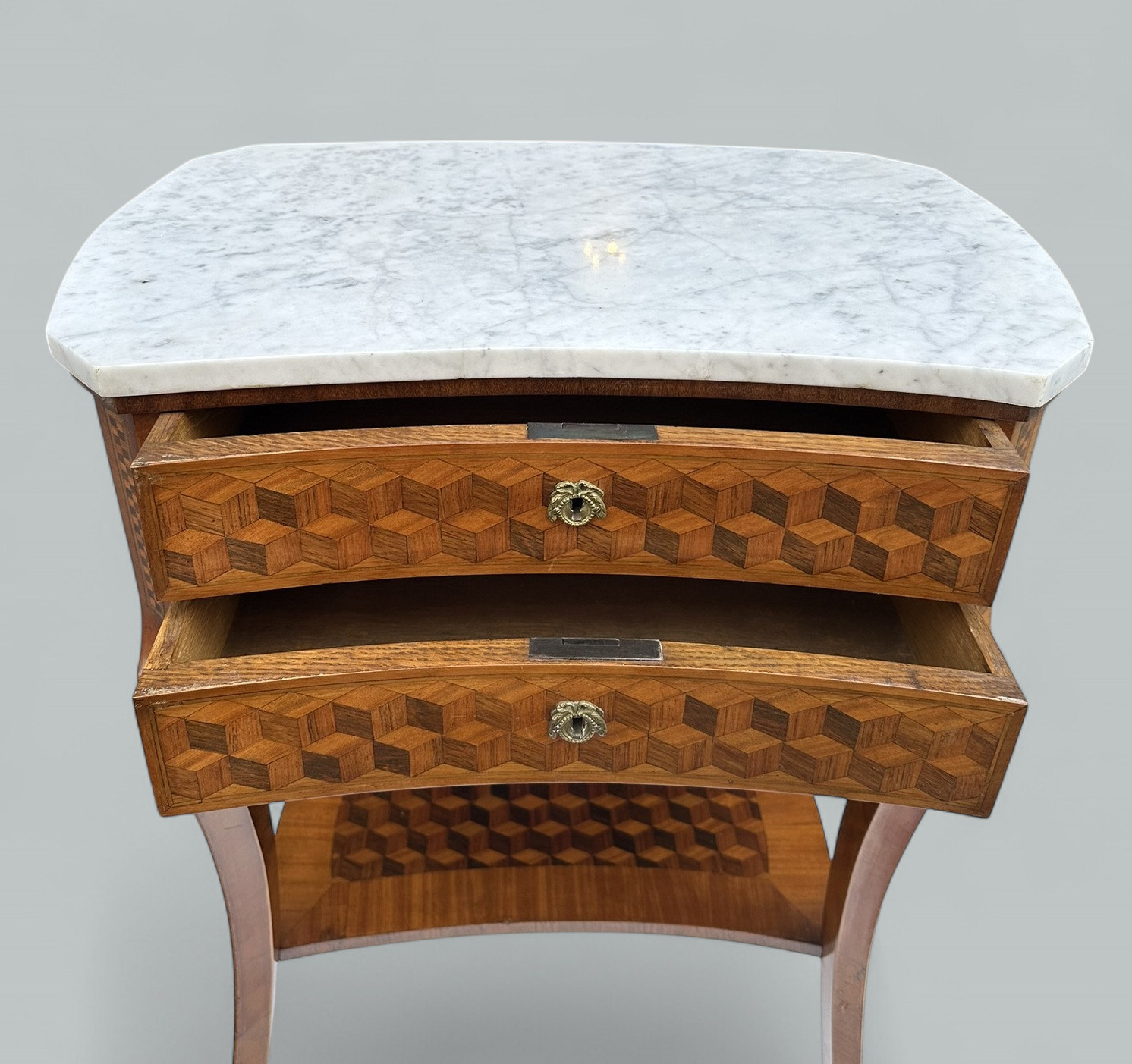 649. Antique French Marquetry Marble Top Kingwood Bedside Cabinets Locker Nightstands - Image 10