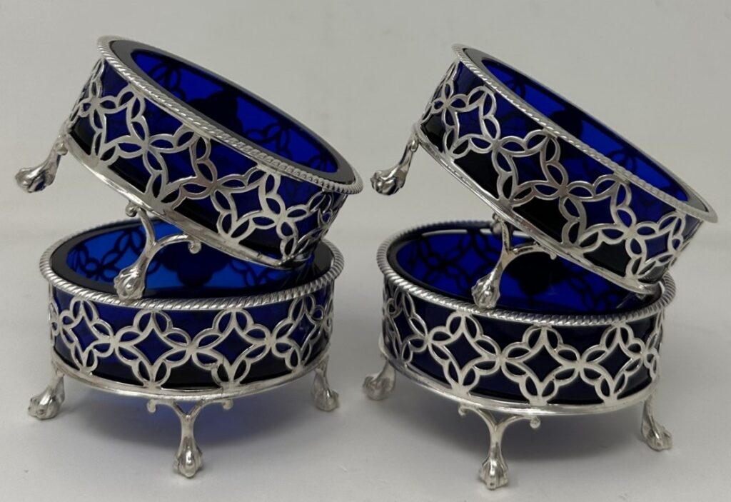 791. Antique Georgian Sterling Silver Set Four Salts Glass Liners 1772 Edward Lowe