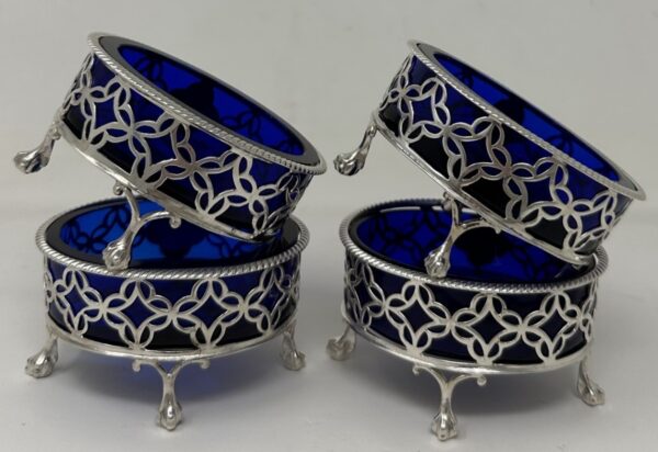 791. Antique Georgian Sterling Silver Set Four Salts Glass Liners 1772 Edward Lowe