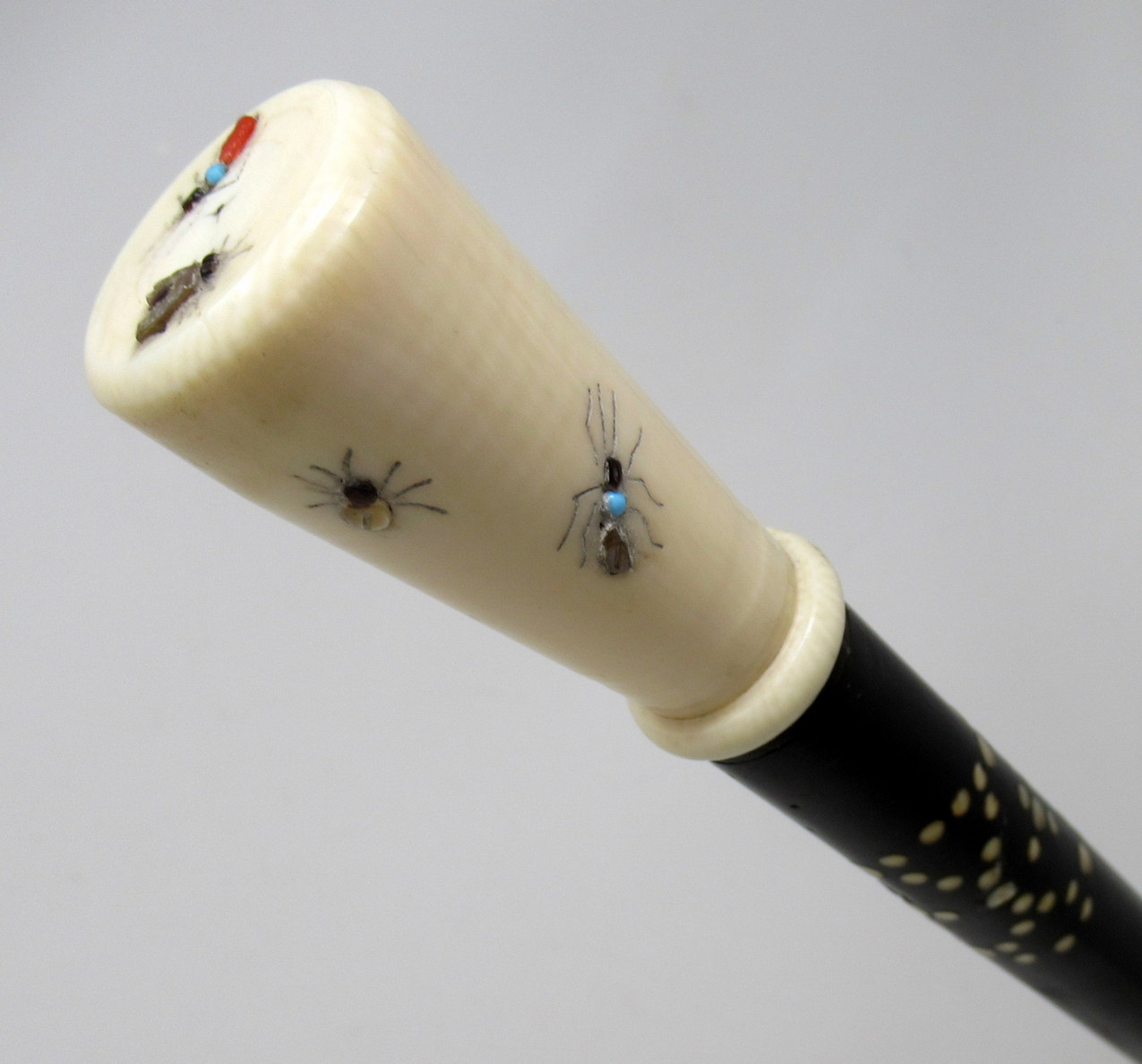 540. Antique Vintage Japanese Chinese Shibayama Ebony Wooden Walking Cane Stick - Image 9