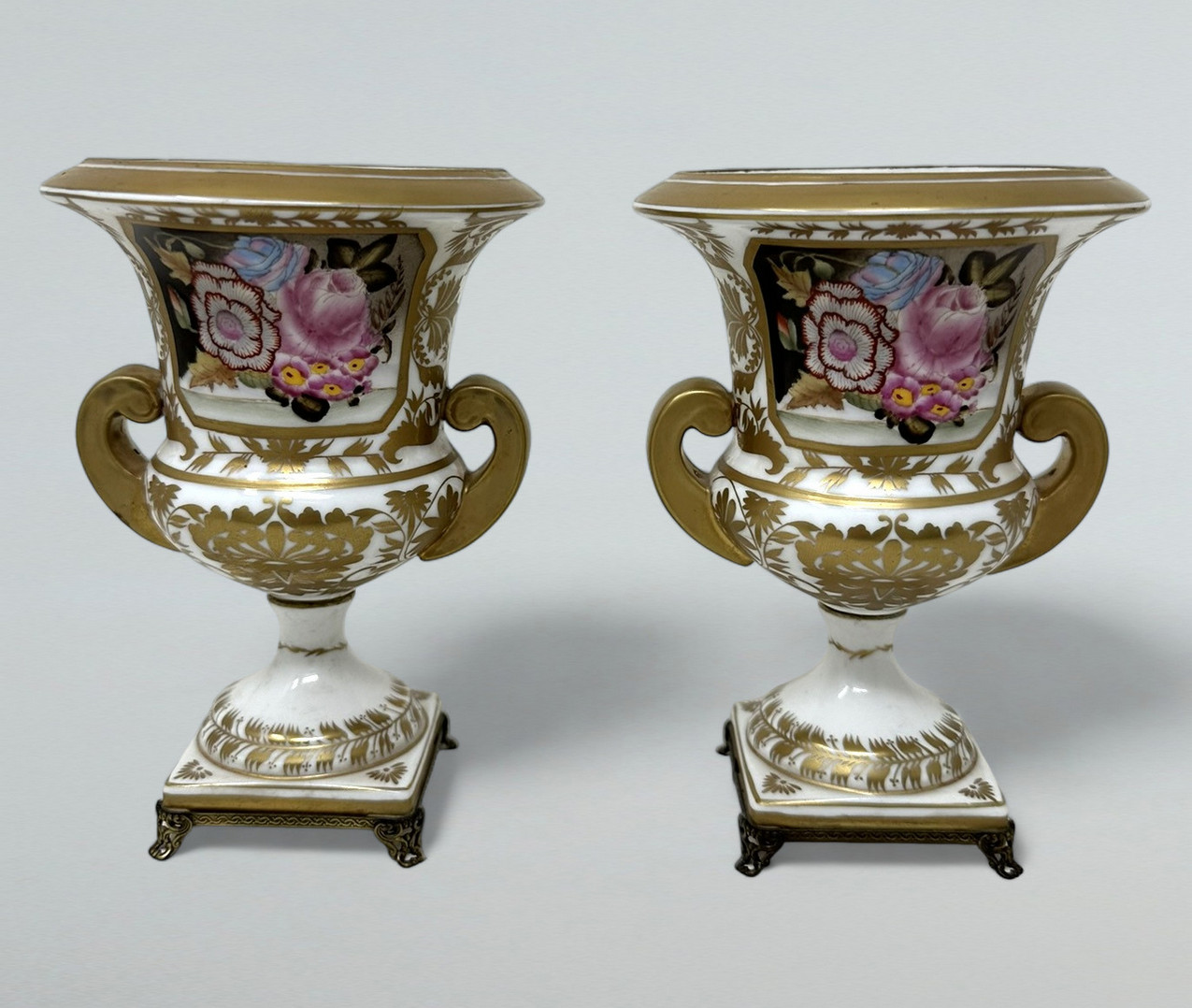 359. Antique Pair French Edwardian Campana Porcelain Urns Vases Still Life Flowers - Image 2