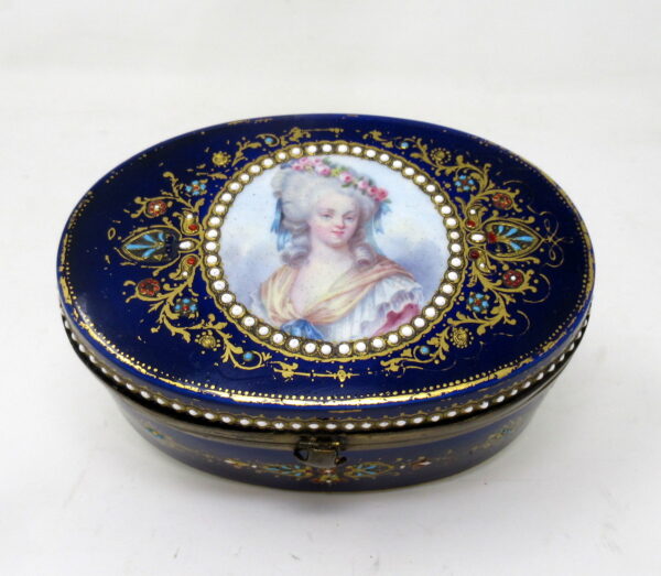 319. French Sevres Porcelain Hand Painted Jewlery Casket Ormolu Mounts Cobalt Blue