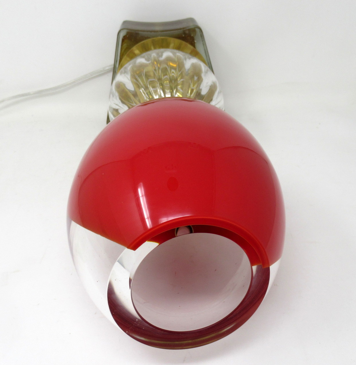 357. Pair Mid Century Italian Murano Glass Lucite Table Lamps Red Crystal Gilt 1950s - Image 6