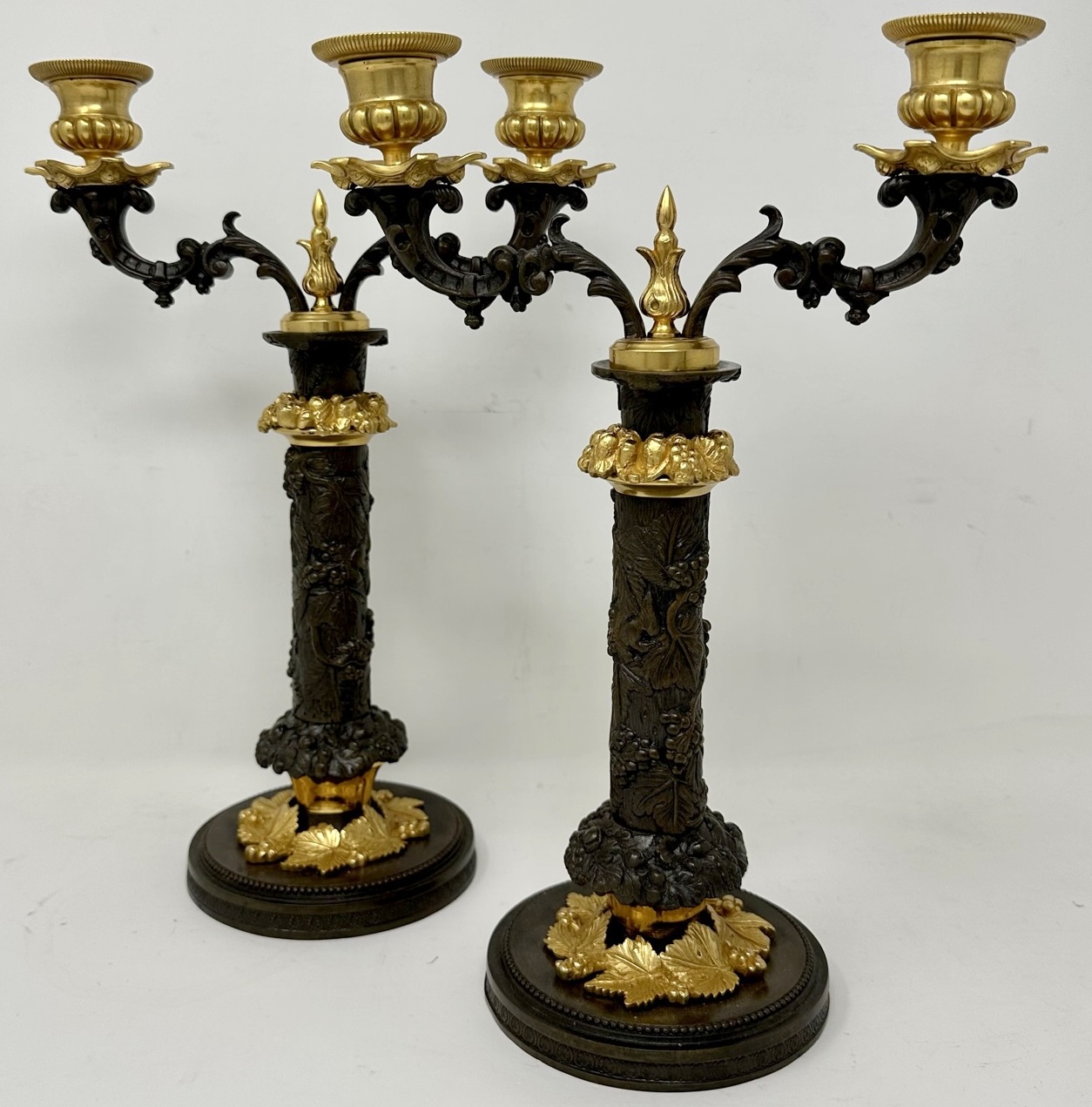 629. Pair Antique Grand Tour French Empire Bronze Ormolu Candelabra Candlesticks 19Ct