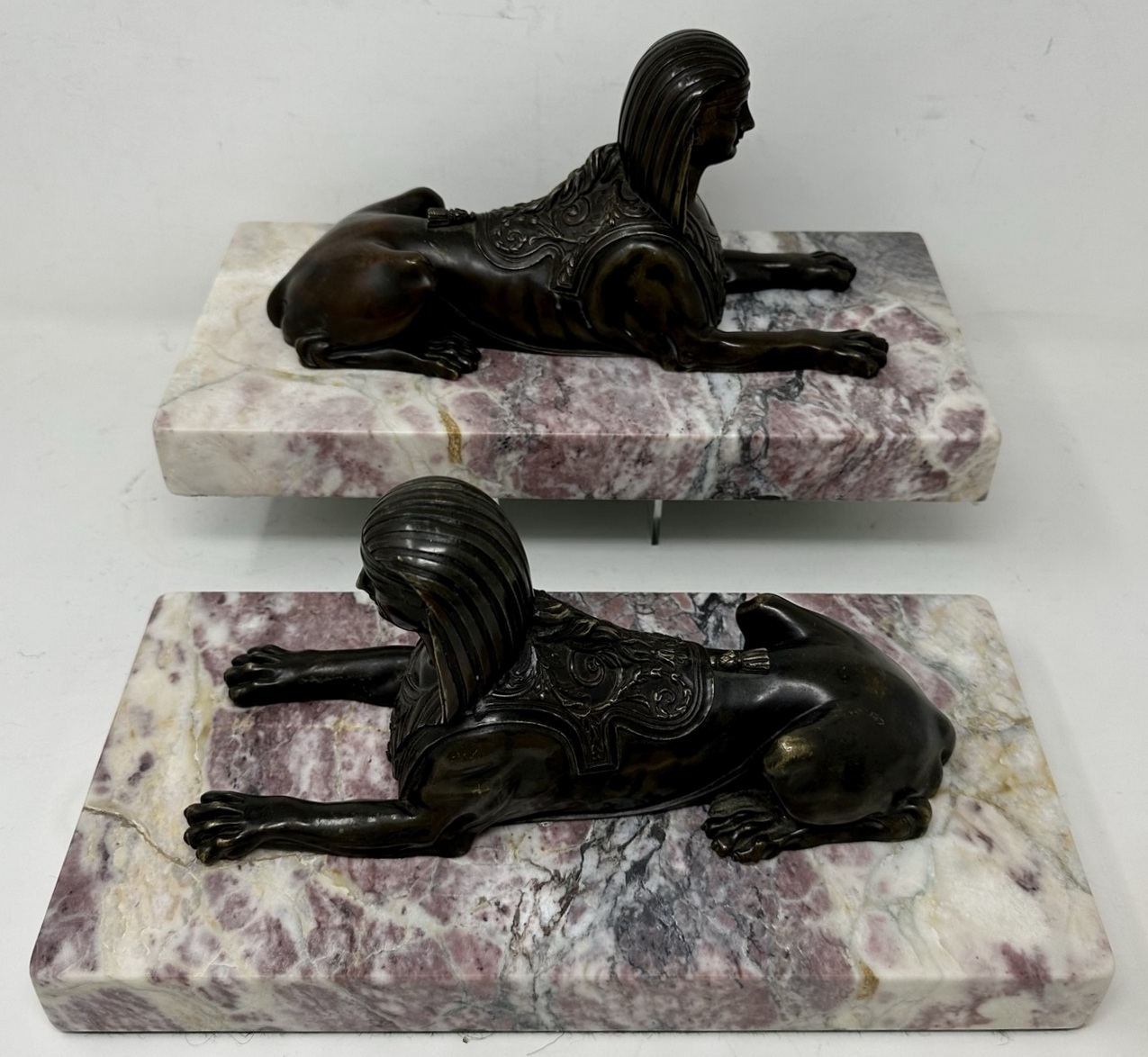 208. Antique Pair Grand Tour Bronze Egyptian Sphynx Figures Breche Violet Marble 19Ct - Image 2
