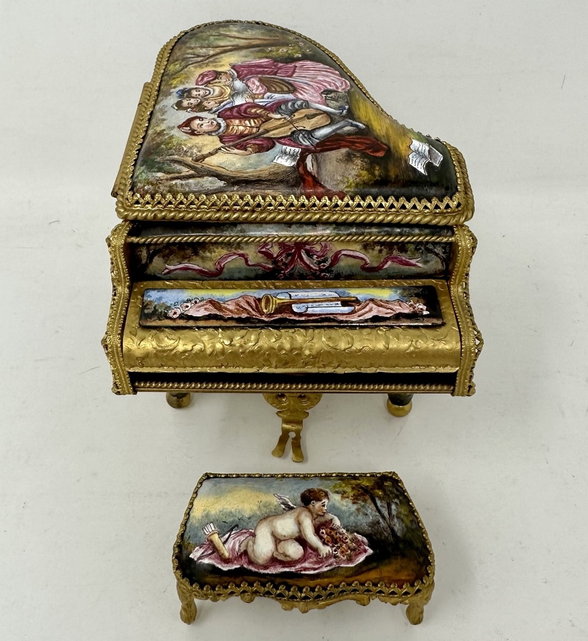 811. Antique Austrian Ormolu Bronze Enameled Viennese Miniature Musical Piano Casket - Image 4