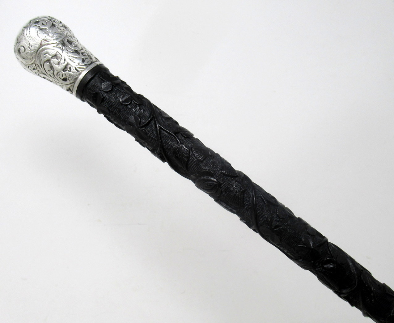 853. Antique Vintage Irish Bog Oak Wooden Walking Cane Swagger Stick Sterling Silver - Image 4