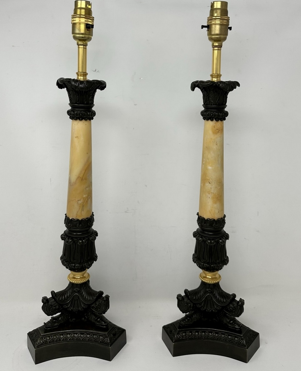 388. Antique Pair of French Doré Bronze Ormolu Sienna Marble Candlesticks Table Lamps - Image 3