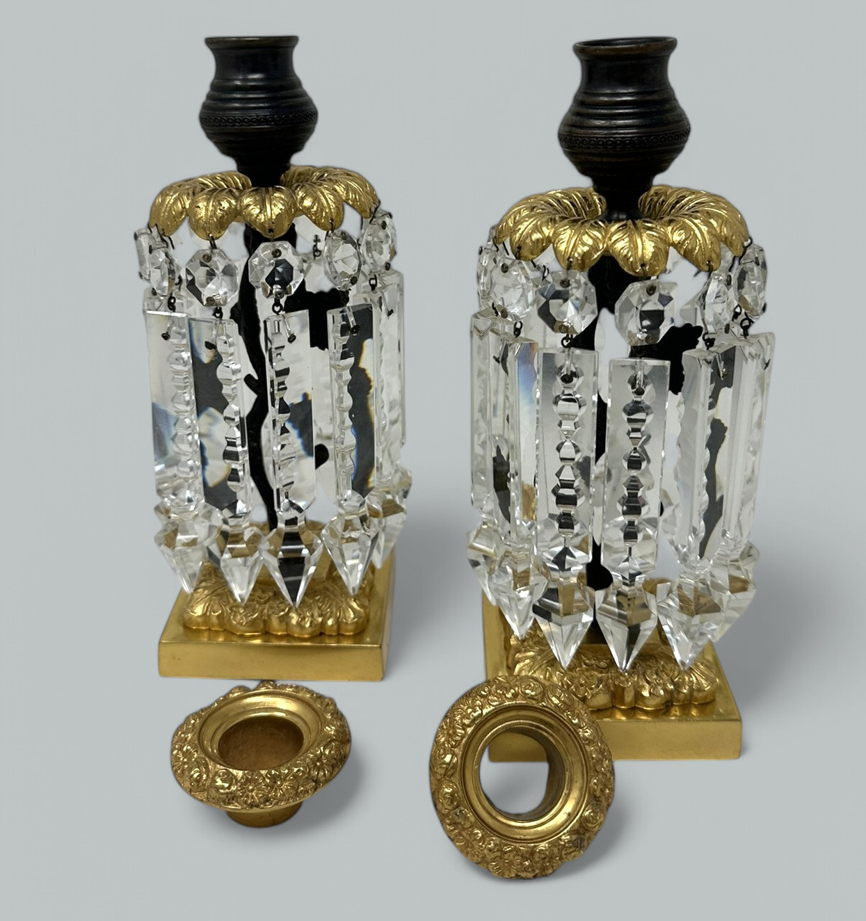 197. Pair English Regency Ormolu Bronze Crystal Lusters Candlesticks Candelabra 19Ct - Image 4