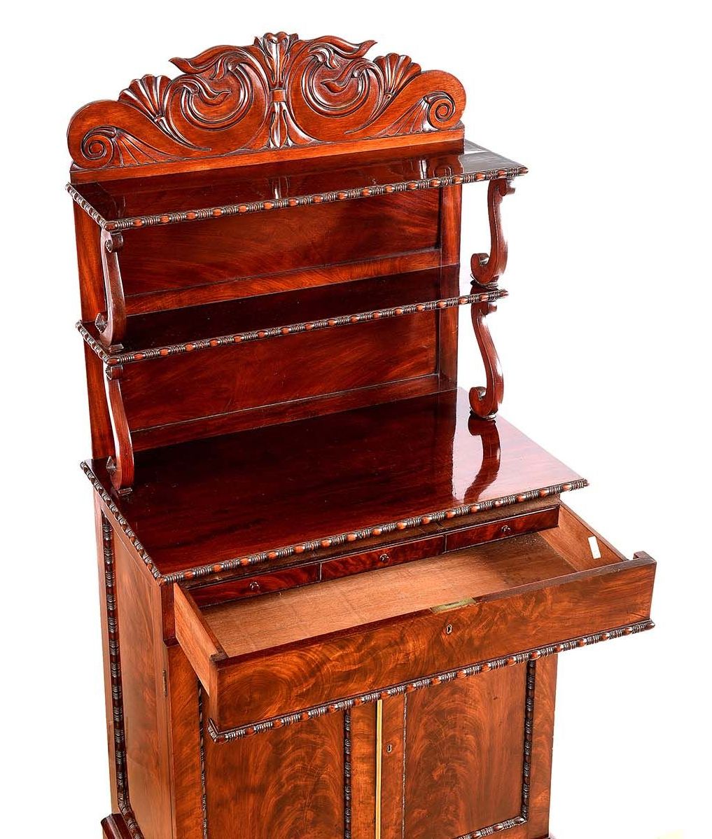 451. Flame Mahogany Twin Door English Carved Chiffonier Sidecabinet Late Regency - Image 2