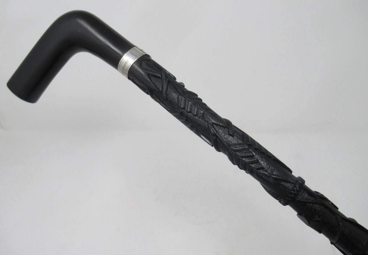 201. Fine Hand Carved Irish Bog Oak Walking Stick Silver Collar 19thCt