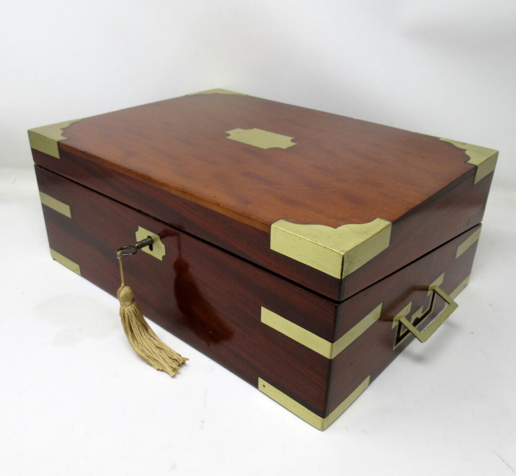 311. Antique Georgian Mahogany Victorian Brass Bound Traveling Writing Slope Box 19Ct