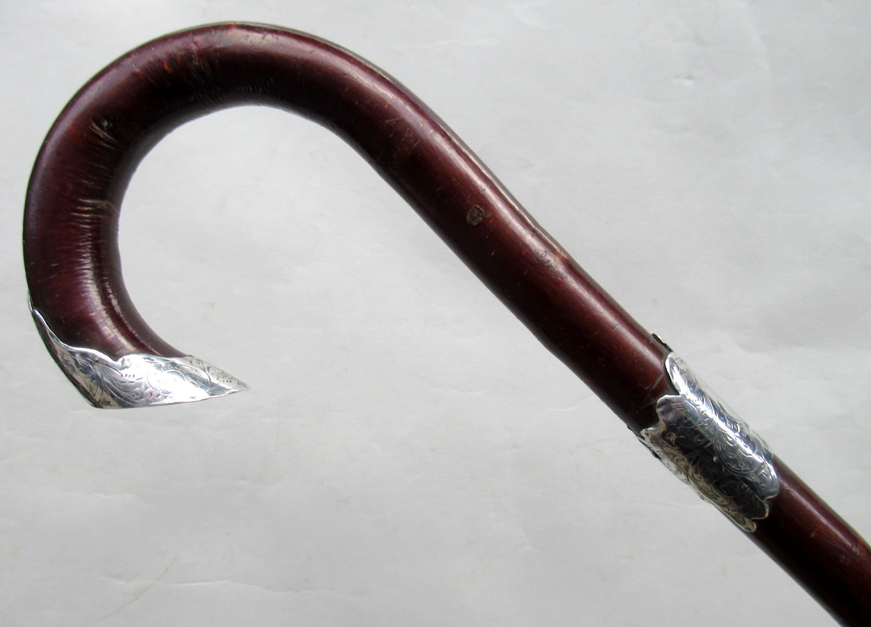236. Hazel Crook Handle Walking Stick Silver Mounts 1903 - Image 2