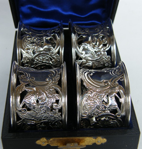 845. Sold. Rare Antique Set Four Silver Napkin Rings Chester 1905