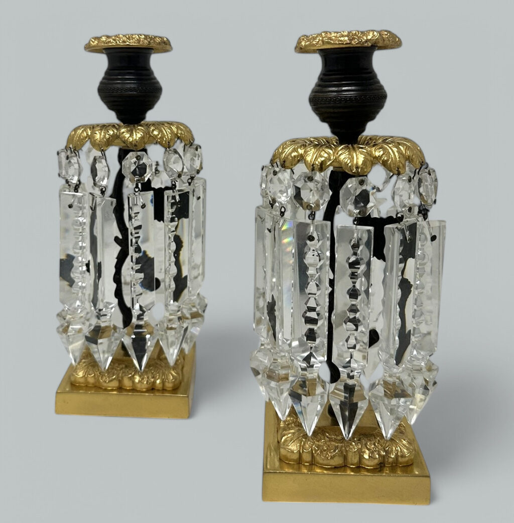 197. Pair English Regency Ormolu Bronze Crystal Lusters Candlesticks Candelabra 19Ct
