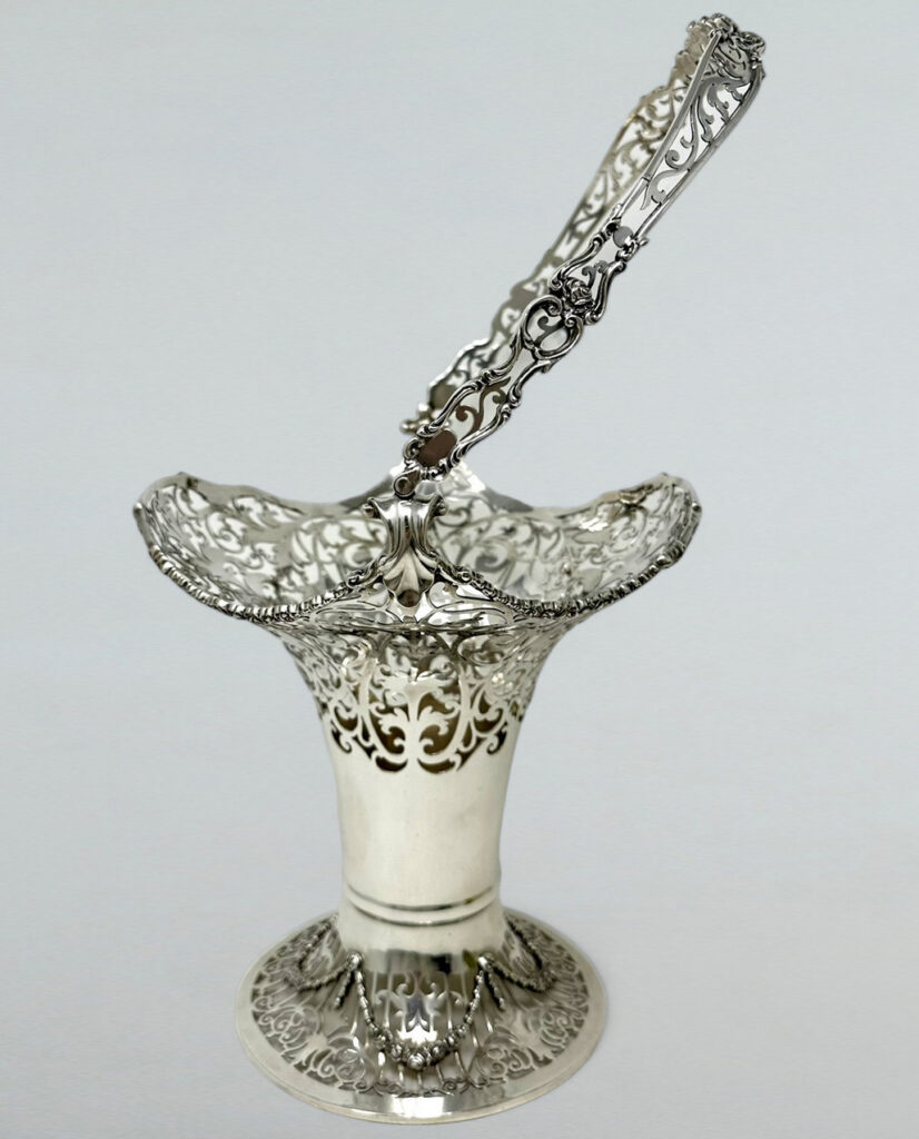 312. SOLD. Antique English Sterling Silver Fruit Basket Bowl Centerpiece Mappin Webb 1913