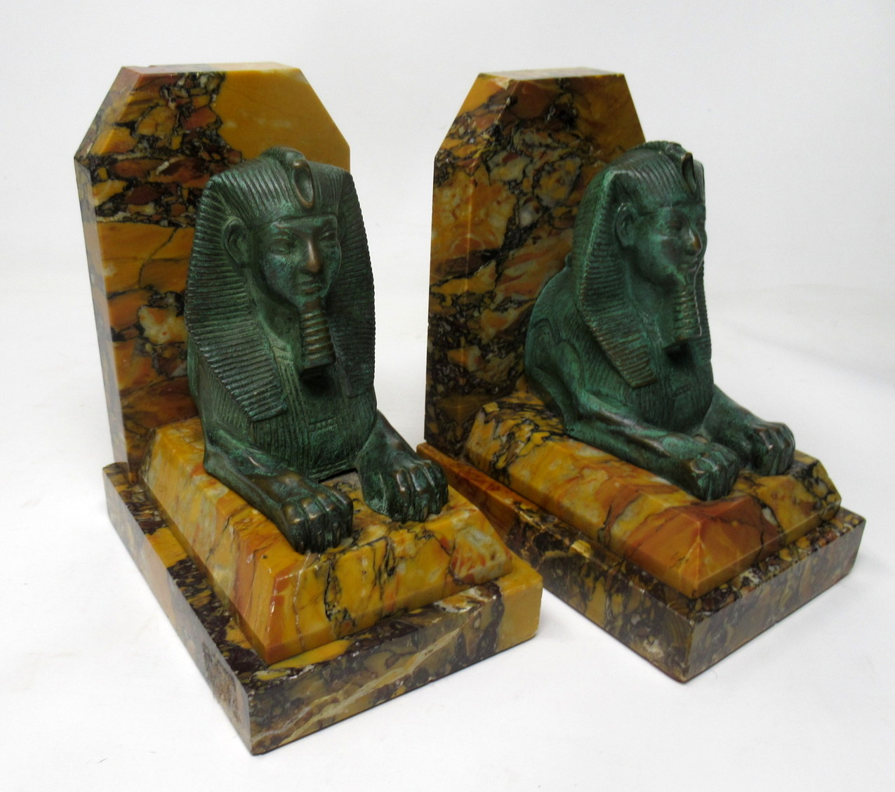 640. Grand Tour Italian French Egyptian Sphinx Pair Bronze Bookends Sienna Marble - Image 4