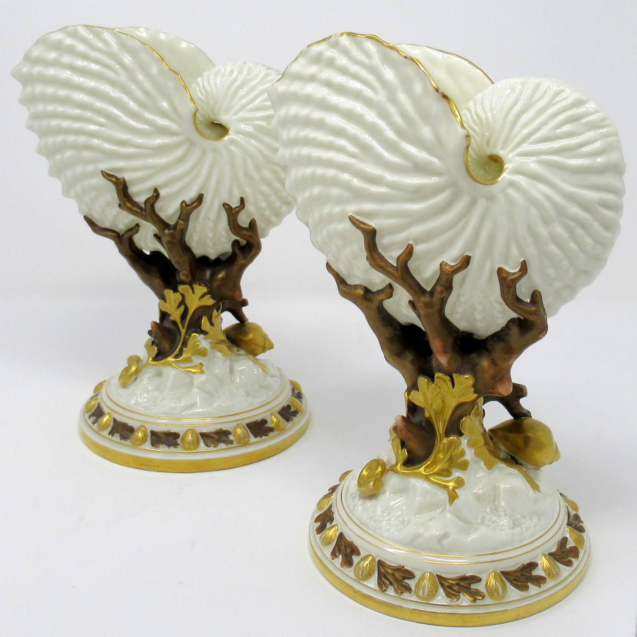 763. Pair Royal Worcester Porcelain Nautilus Shell Vases Late 19th Ct