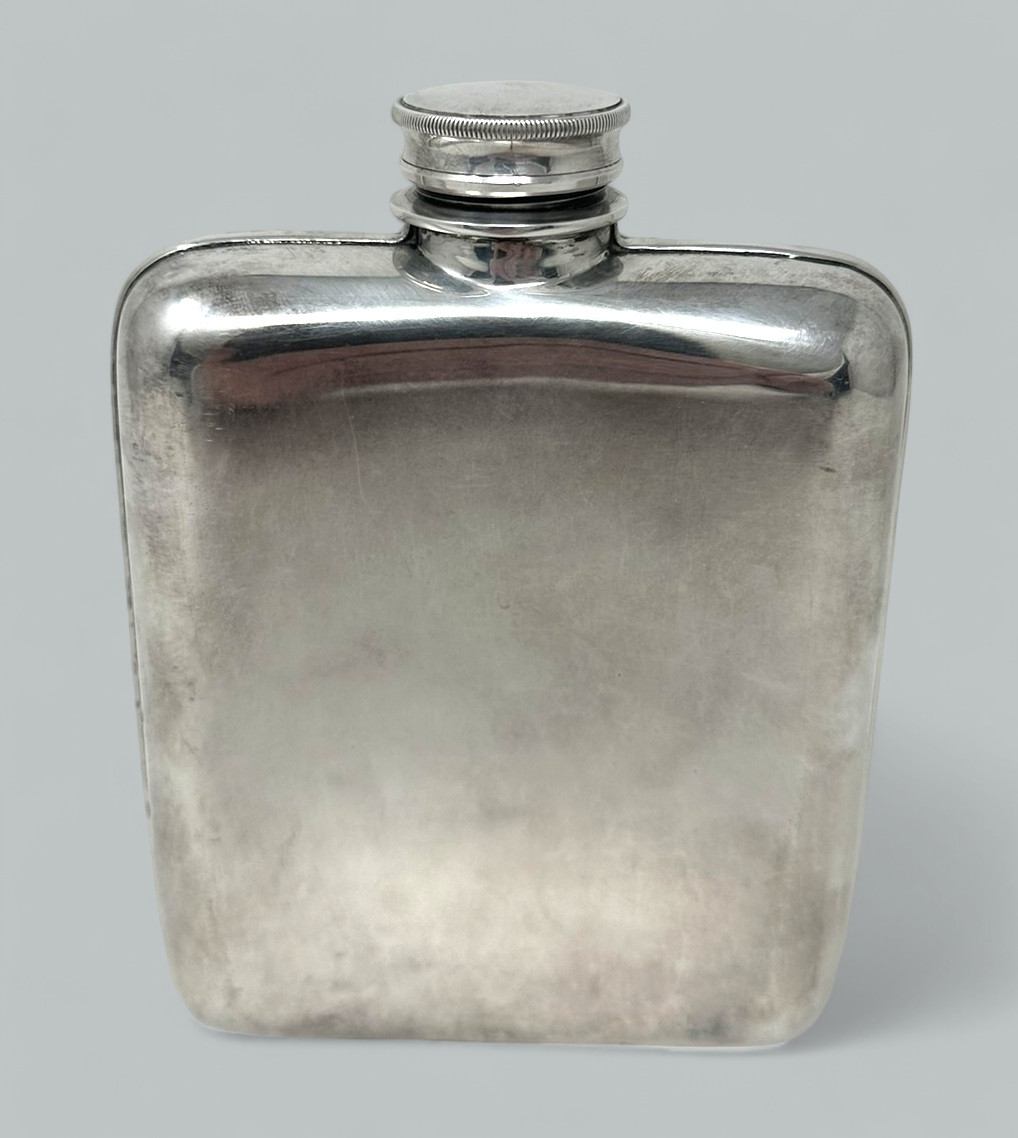 604. Antique English Electroplated Silver Plated Spirits Hip Flask James Dixon 1920s
