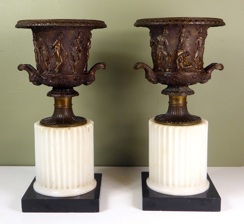 903. Antique Pair of Grand Tour Borghese or Medici Bronze Campana Urns Vases - Image 2