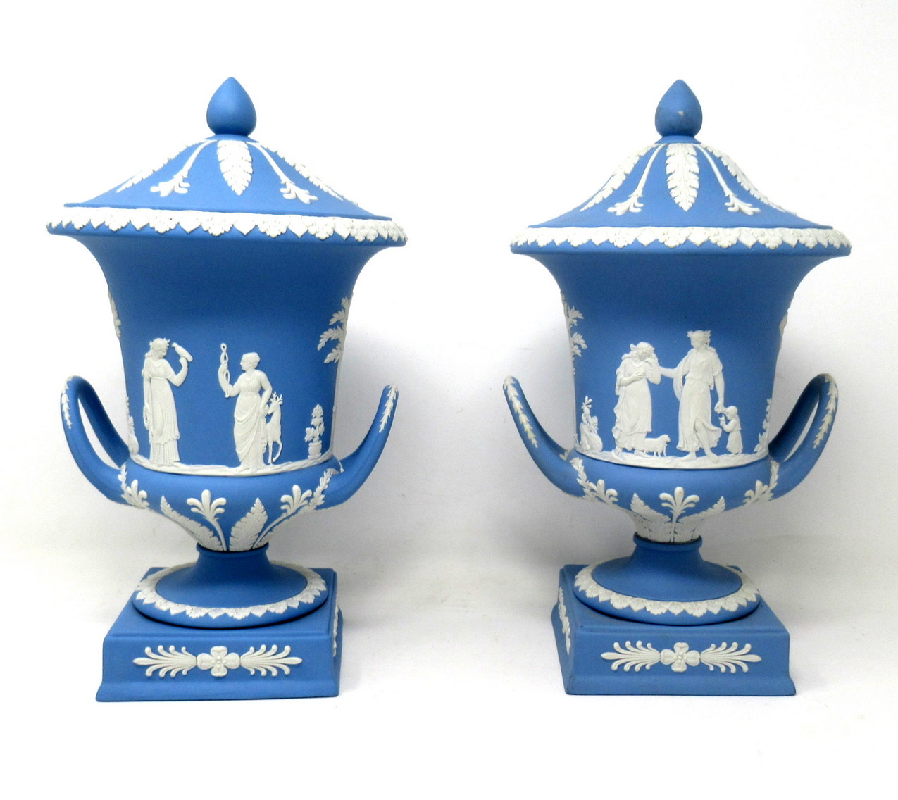 356. Antique Pair of Blue Wedgwood Jasperware Ceramic Urns Vases Mythological Classical Scenes - Image 3