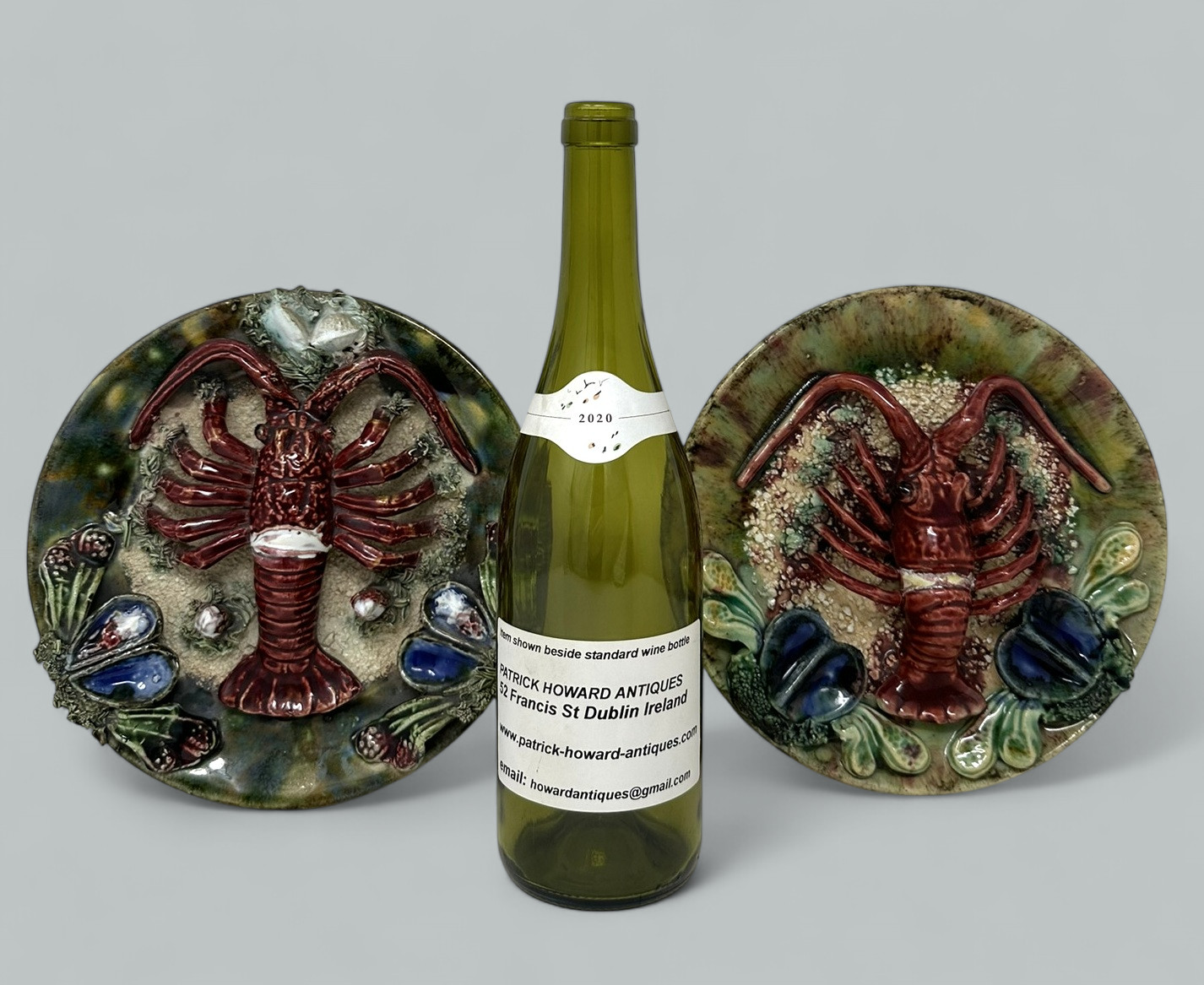 295. Pair Antique Majolica Palissy Portuguese Charger by Jose A Cunha Lobster Seafood - Image 15