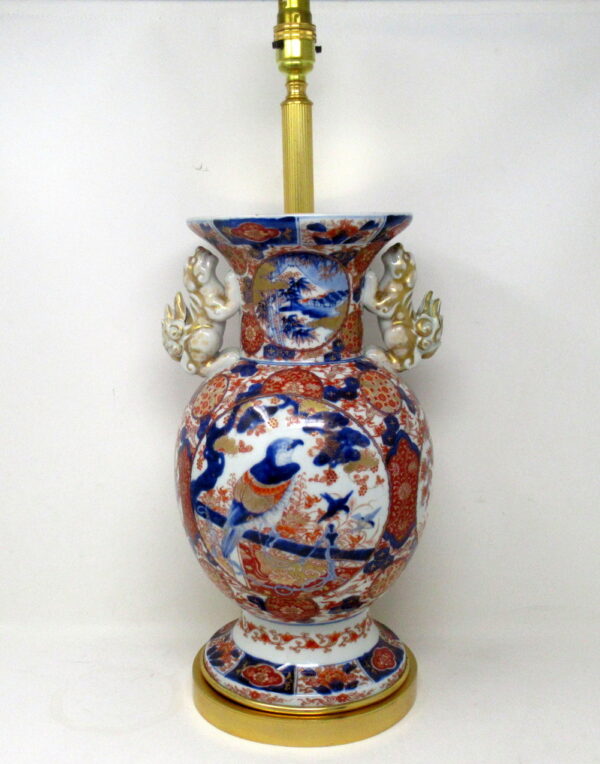 222. Antique Japanese Chinese Imari Porcelain Ormolu Table Vase Lamp Blue Red Gilt