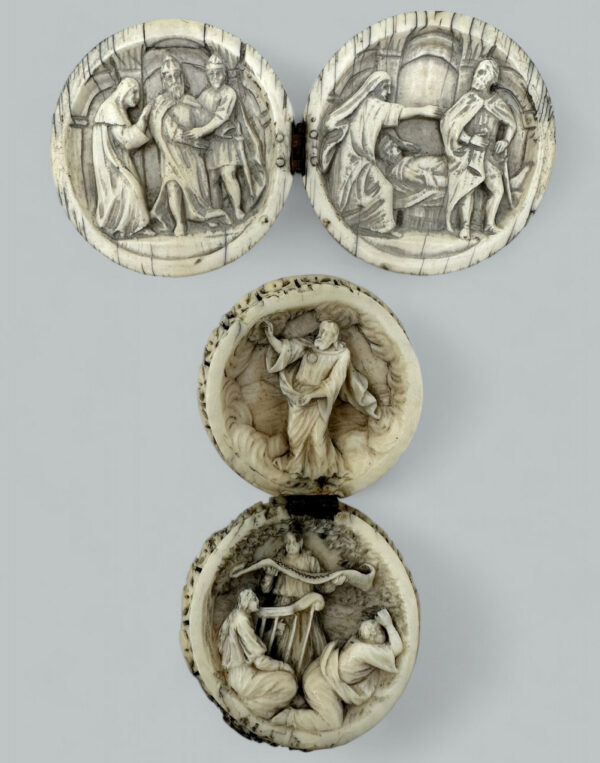 981. Antique Hand Carved Grand Tour Ivory Spheres Diptych Form 19th Century