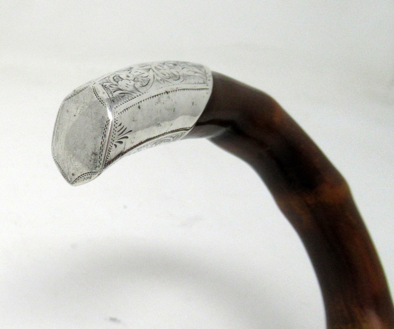 454. Antique Bamboo Wooden Walking Stick Cane Sterling Silver Mount Crook Handle 1908 - Image 9