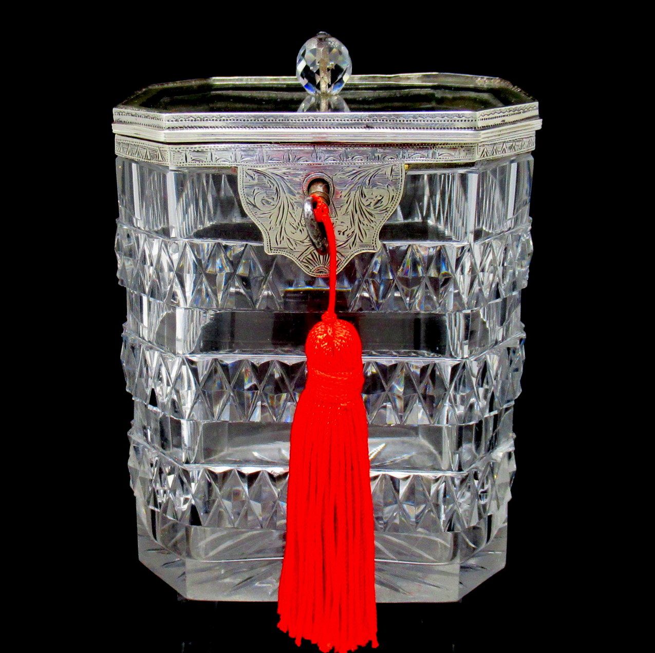 740. Antique Irish Georgian Hand Cut Crystal Sterling Silver Tea Caddy George III