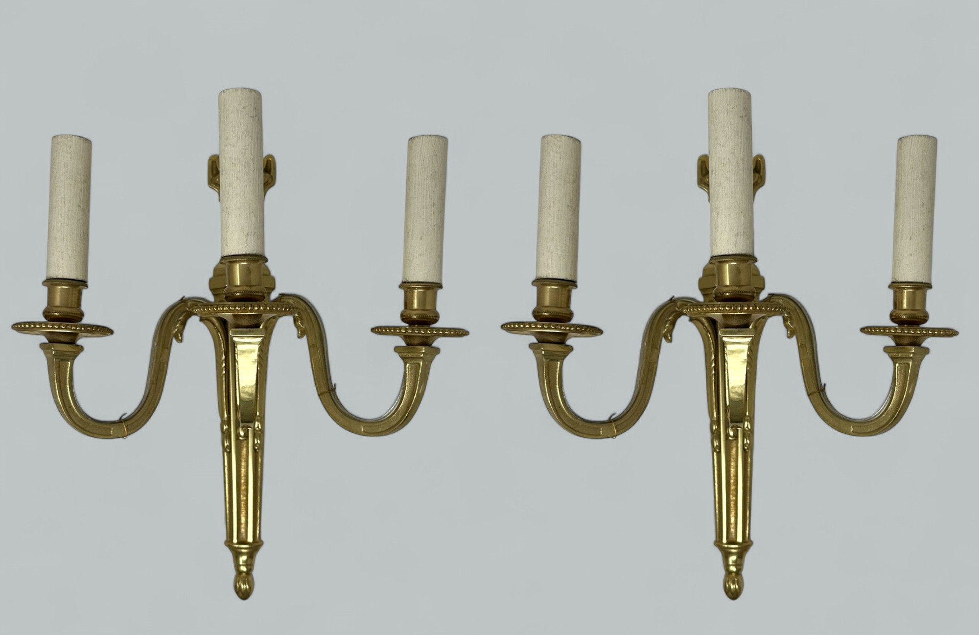 496. Antique Pair Ormolu Gilt Bronze Treble Light Wall Electric Sconces Appliques 19C - Image 2