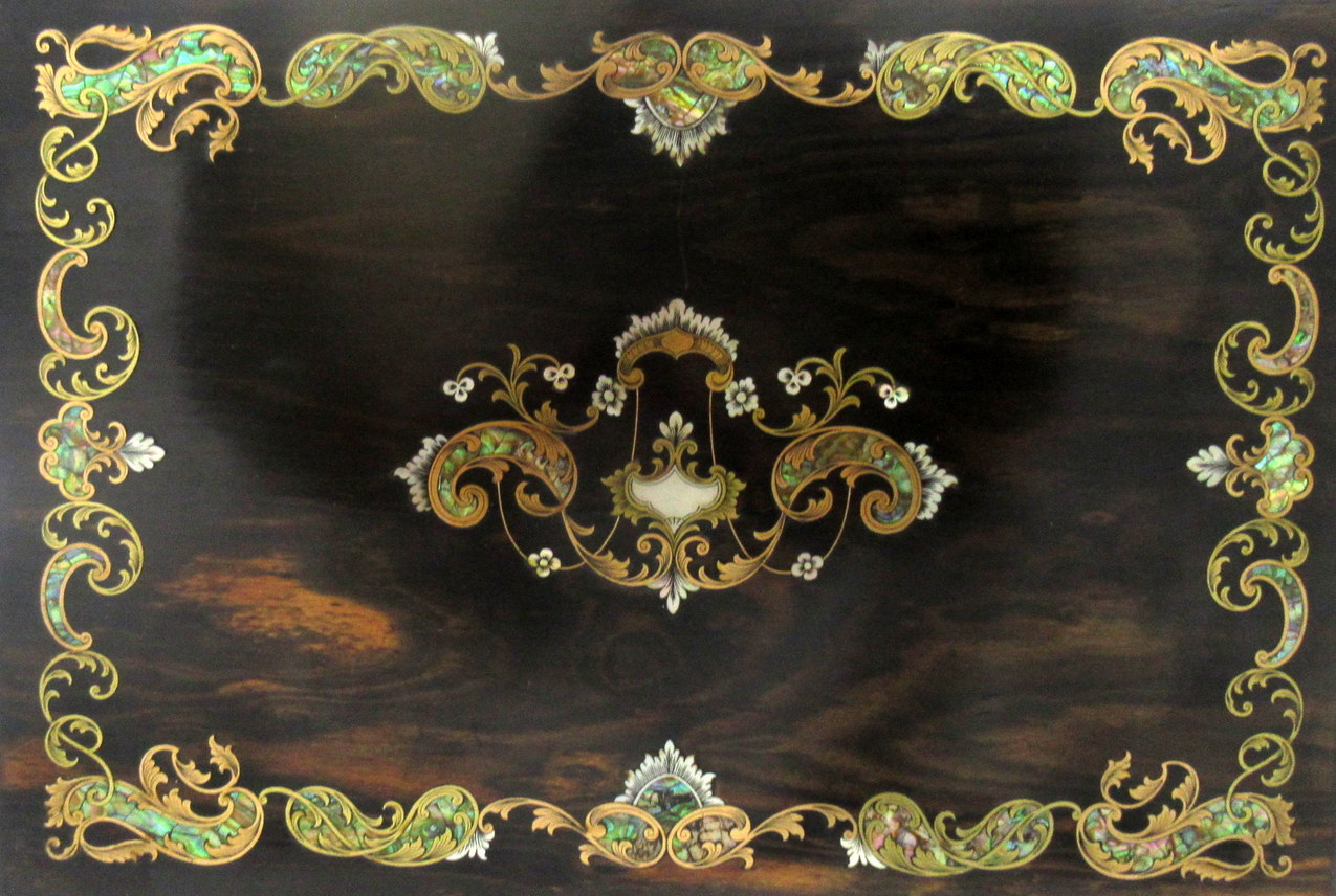 279. Antique Coromandel Mahogany Brass Inlaid English Writing Box Slope Mother Pearl - Image 9