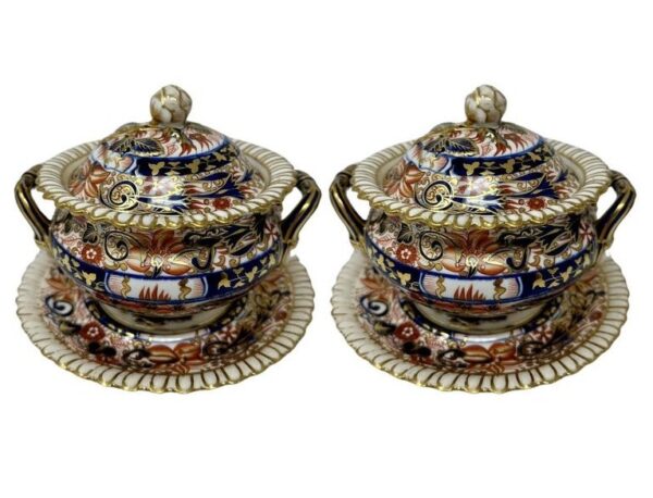 926. Antique English Crown Derby Pair Sauce Soup Tureens Urns Vases Centerpieces 19C