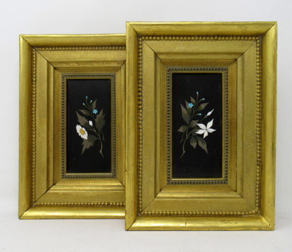 815. Superb Pair Framed Pietra Dura Italian Wall Plaques Still Life Flowers 19thCt