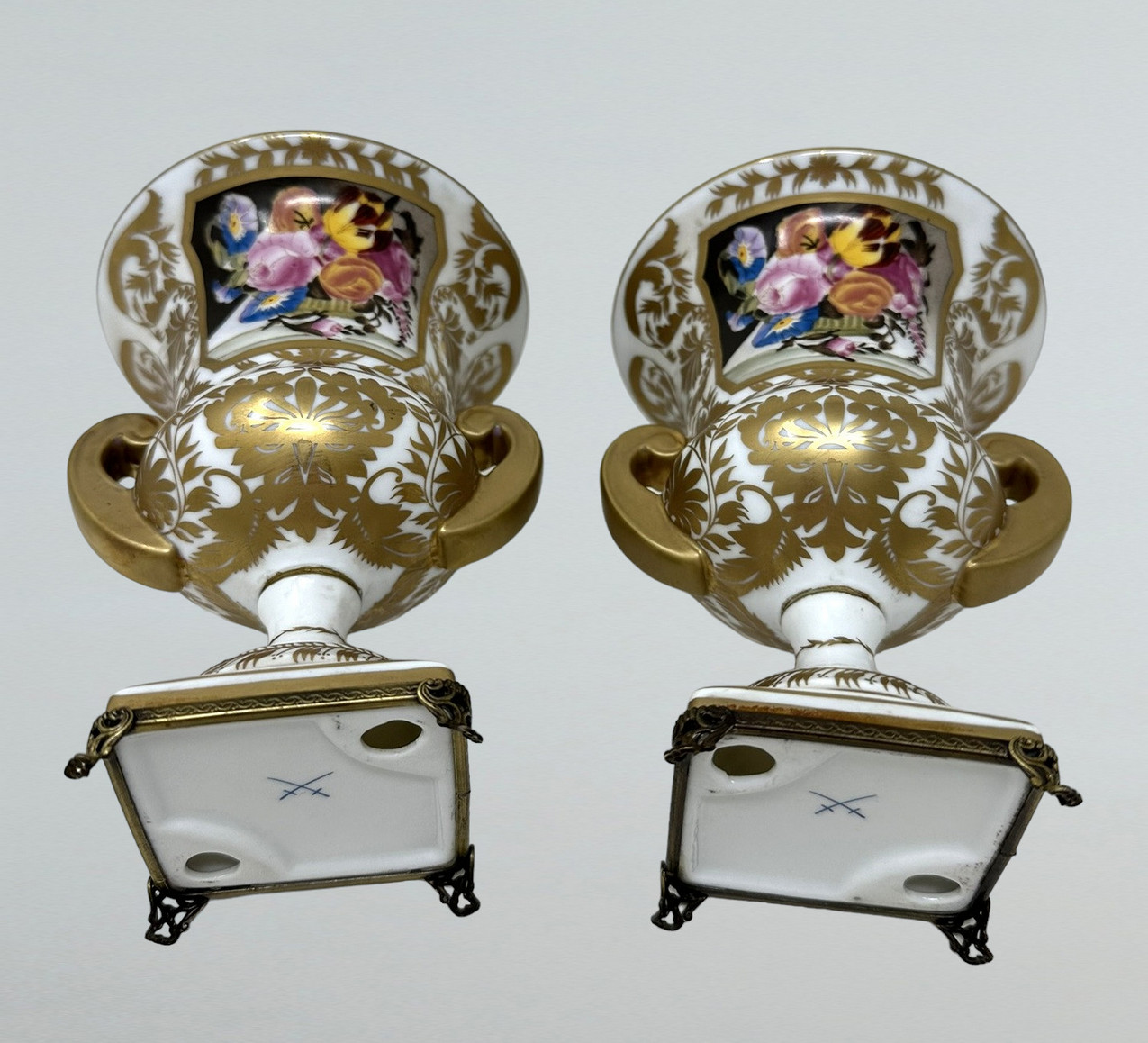 359. Antique Pair French Edwardian Campana Porcelain Urns Vases Still Life Flowers - Image 7