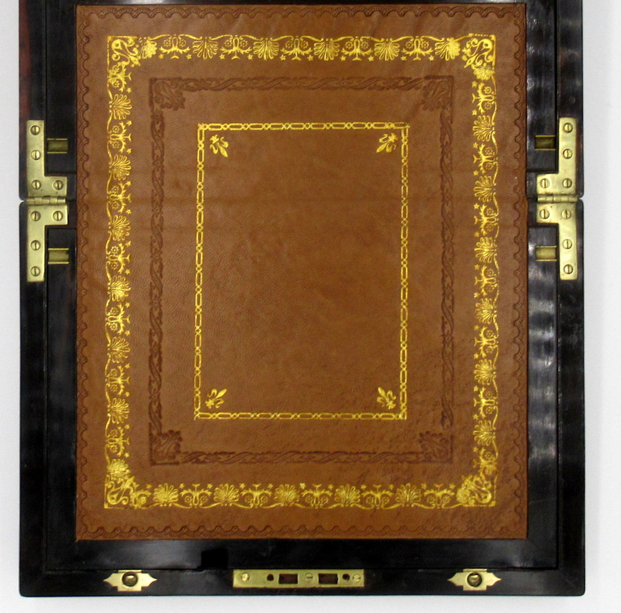 279. Antique Coromandel Mahogany Brass Inlaid English Writing Box Slope Mother Pearl - Image 11