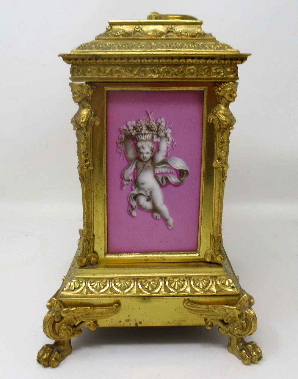 351. French Ormolu Bronze Sèvres Pompadour Pink Porcelain Mantle Carriage Clock 19Ct - Image 5