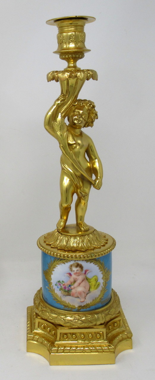549. Antique Pair French Ormolu Sevres Porcelain Gilt Bronze Cherub Candlesticks 19th Century - Image 3