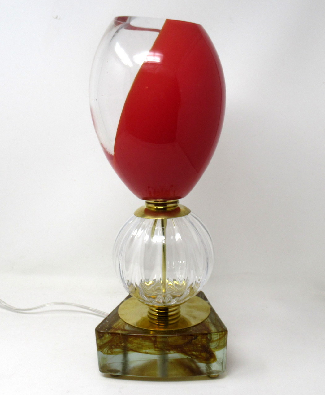 357. Pair Mid Century Italian Murano Glass Lucite Table Lamps Red Crystal Gilt 1950s - Image 4