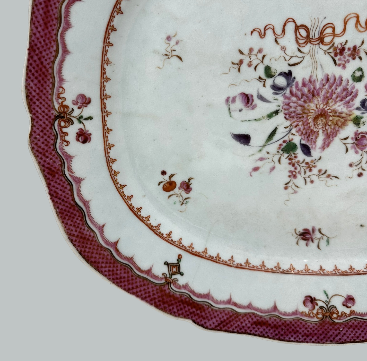 481. Antique Chinese Canton Porcelain Famille Rose Cabinet Plate Charger Qianlong 18C - Image 6