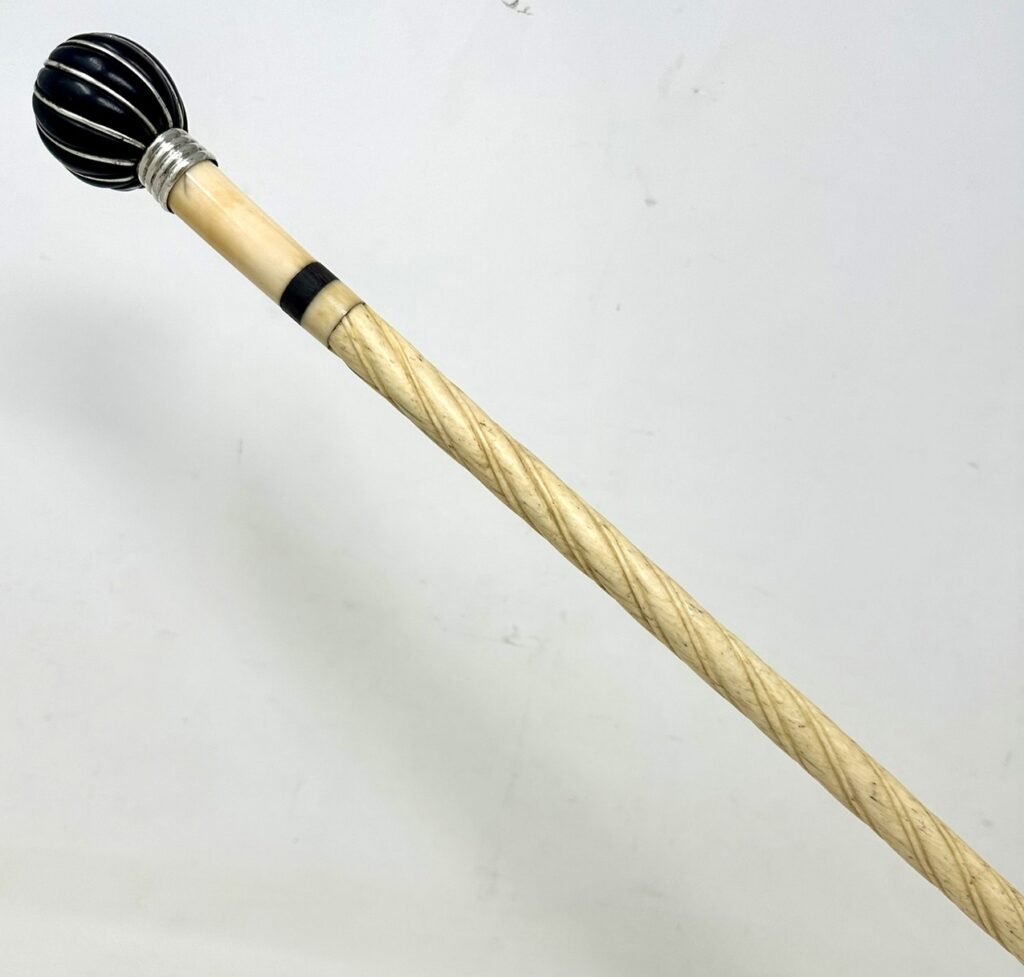 082. Antique Victorian Vintage Ivory Bovine Whale Bone Sterling Walking Stick Cane