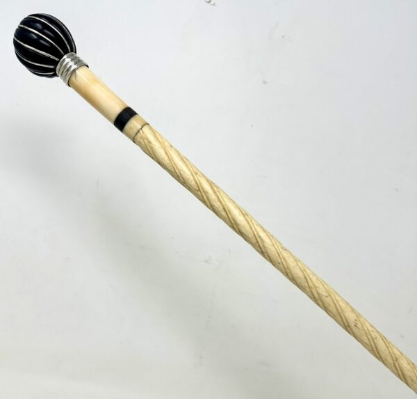 082. Antique Victorian Vintage Ivory Bovine Whale Bone Sterling Walking Stick Cane