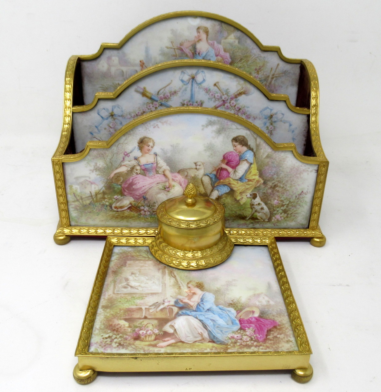 329. Antique French Sevres Ormolu Gilt Bronze Dore Letters Holder Inkwell - Image 2