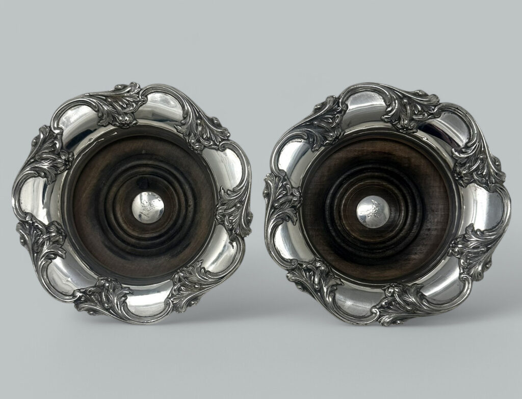 707. Pair English Victorian Silverplated Wine Champagne Bottle Decanter Coasters 1839