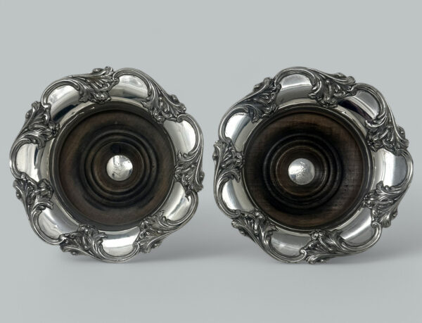 707. Pair English Victorian Silverplated Wine Champagne Bottle Decanter Coasters 1839