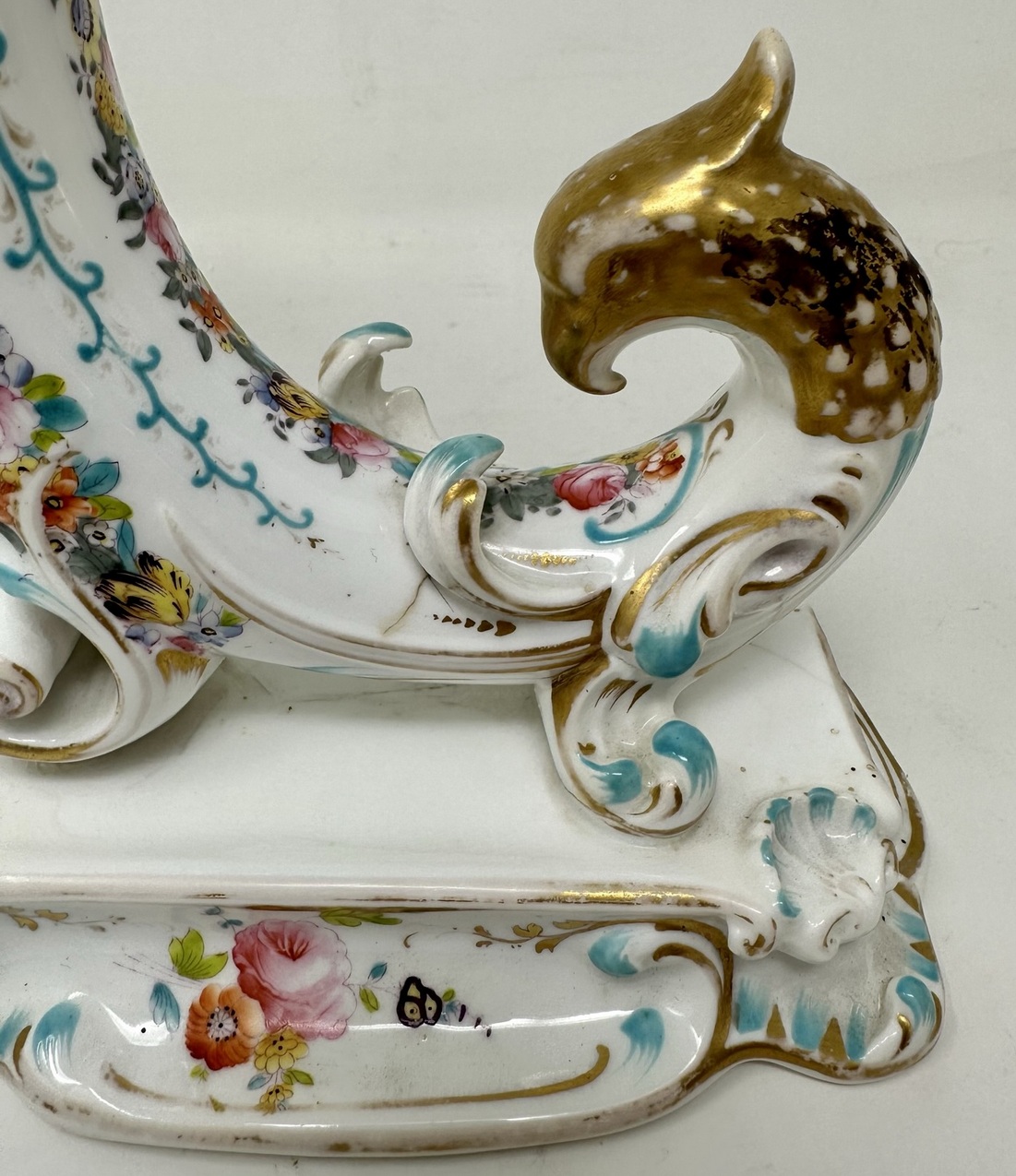 542. Antique Pair English Porcelain Cornucopia Vases Still Life Flowers Rockingham - Image 11