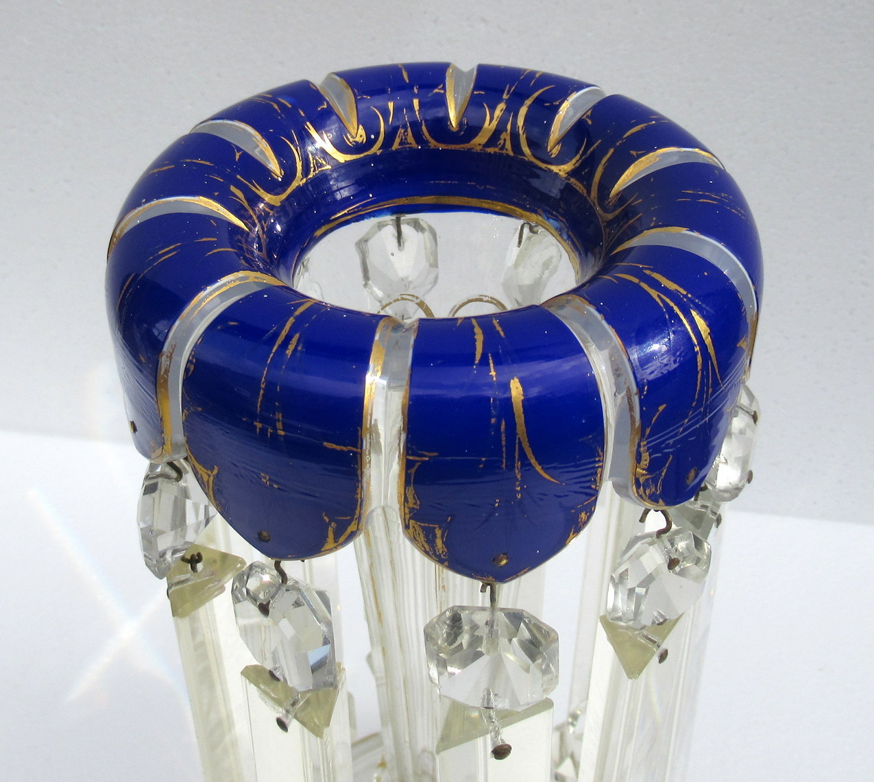 313. Pair of Hand Cut Lead Crystal Bohemian Cobalt Blue Enameled Gilt Lusters 19thCt - Image 4